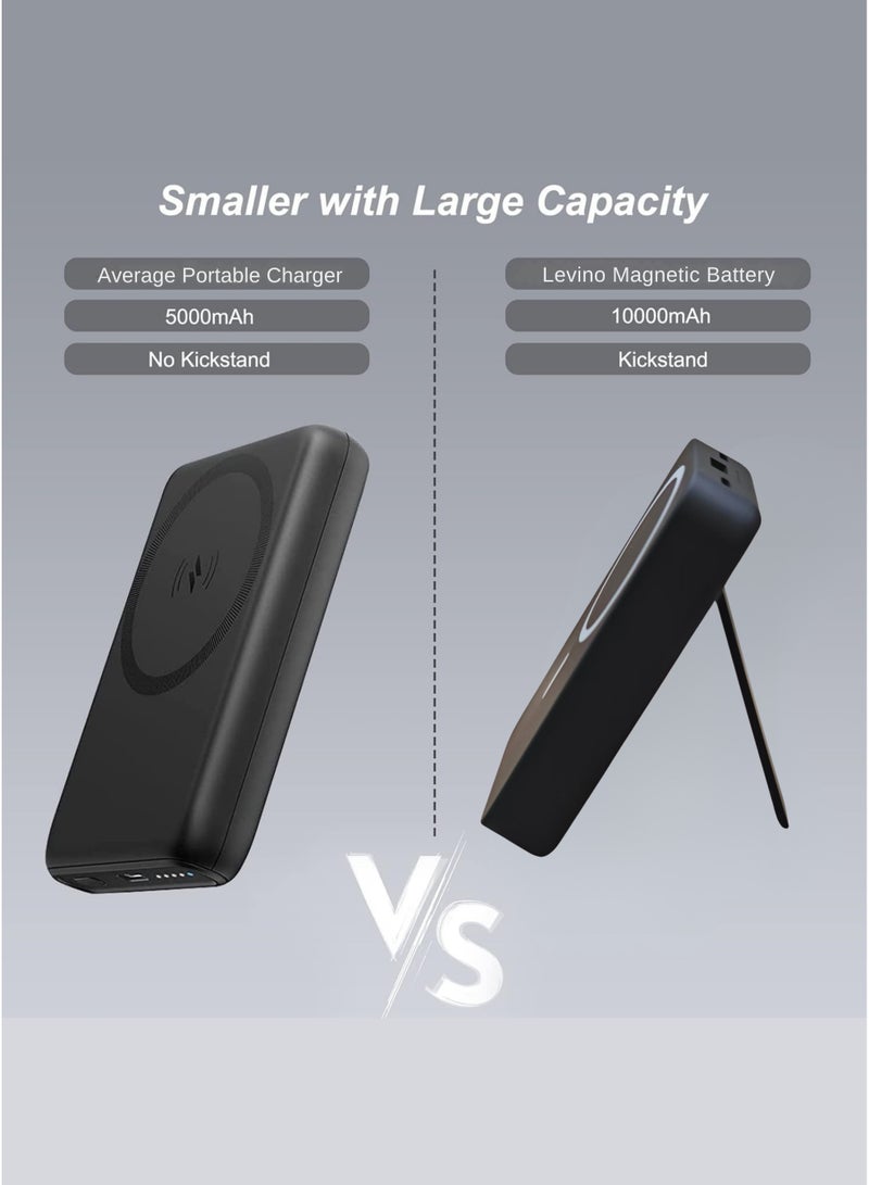 Levino MagSafe Power Bank 10000mAh with Foldable Stand | Dual Type-C & 1 USB Ports | Includes Type-C & Lightning Cables | LED Indicator | Fast Charging for iPhone 15/14/13/12 Series, Samsung Galaxy, Google Pixel & More | Black - Image 4